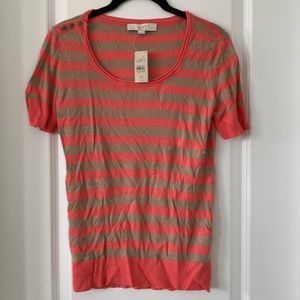NWT LOFT Coral And Tan Striped Short Sleeves Rayon/Silk Blend Knit Top Size MP